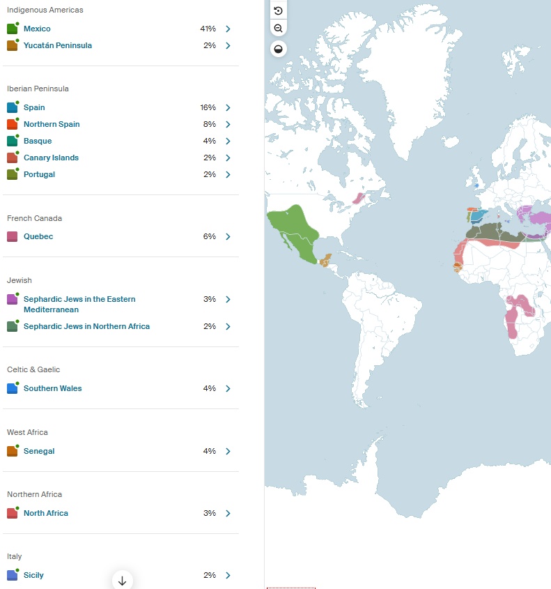 My AncestryDNA breakdown came back around 41% Indigenous Mexican, with the rest a spread of Spanish, Northern Spanish, Basque, a bit of Sephardic, some West African, and assorted European traces. That is a fairly ordinary mestizo profile